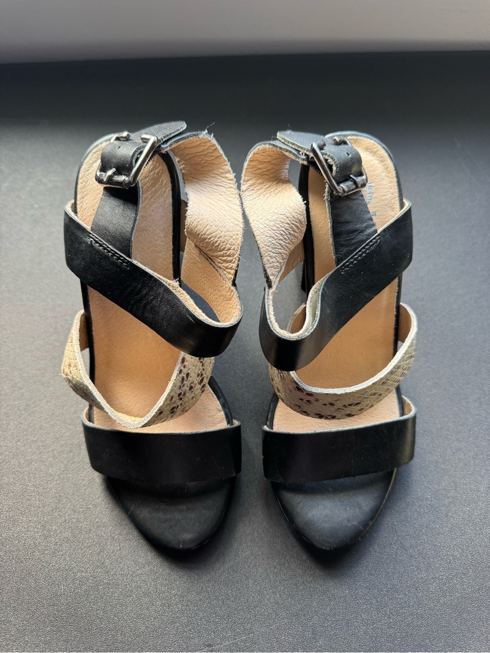 Diba Black and Beige Strappy Open-Toe Heels